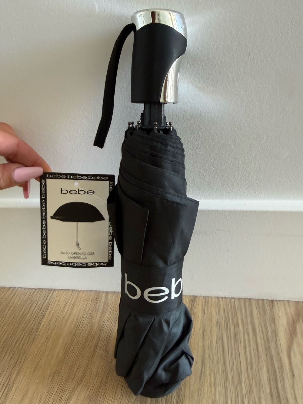 bebe Black Umbrella with Silver-Tone Handle